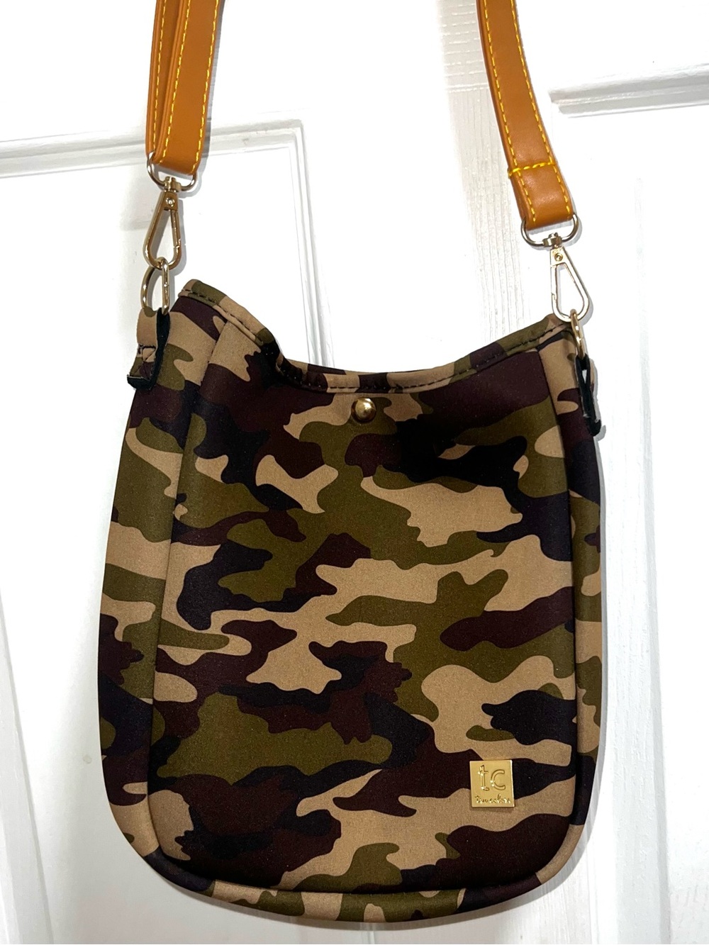 Camo Crossbody Shoulder Bag with Tan Strap